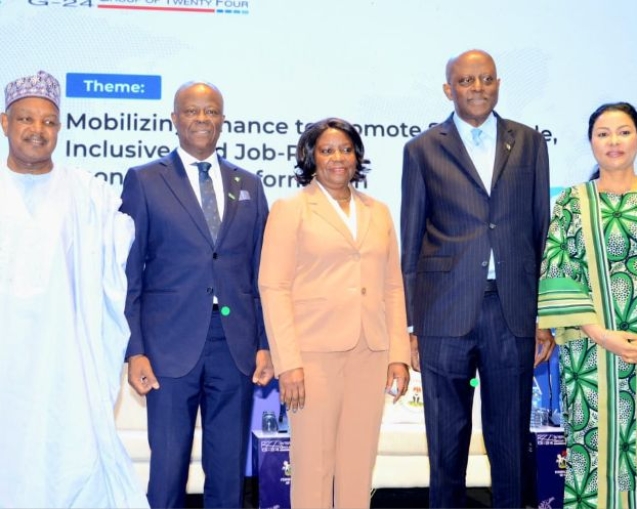 The Honourable Minister of Finance and Coordinating Minister of the Economy, Wale Edun with the Honorable Minister of Budget and National Planning, Senator Atiku Bagudu (rt), Honourable Minister of State for Finance, Dr. Doris Uzoka-Anite, Dr. Iyabo Masha, Director and Head of the Secretariat of the G-24 and the CBN Governor, Dr. Olayemi Cardoso at the G-24 2026 Technical Group meeting today in Abuja.