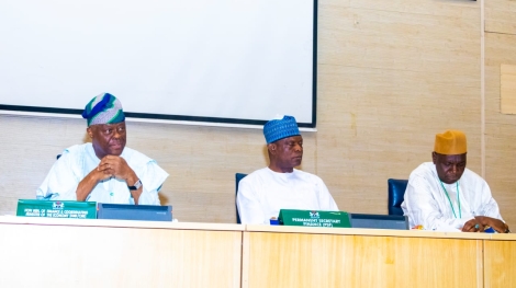 From left, the Honourable Minister of Finance and Coordinating Minister of the Economy, Wale Edun, the Permanent Secretary Finance, Mr Raymond O. Omachi and the Director Home Finance, FMF Mr Ali Mohammed today at the March 2026 FAAC meeting in Abuja.